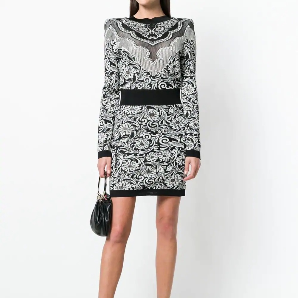 BALMAIN Black Jacquard Floral Knit Mini Dress